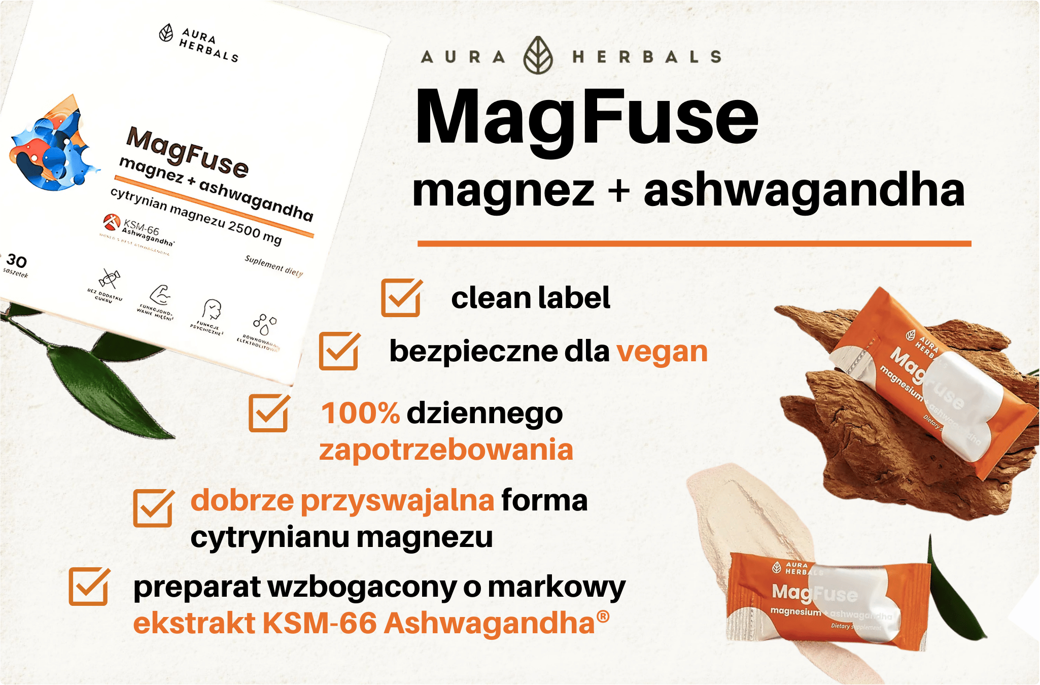 Cytrynian Magnezu 2500 mg MagFuse Magnez + Ashwagandha KSM-66 (30 sasz) Aura Herbals