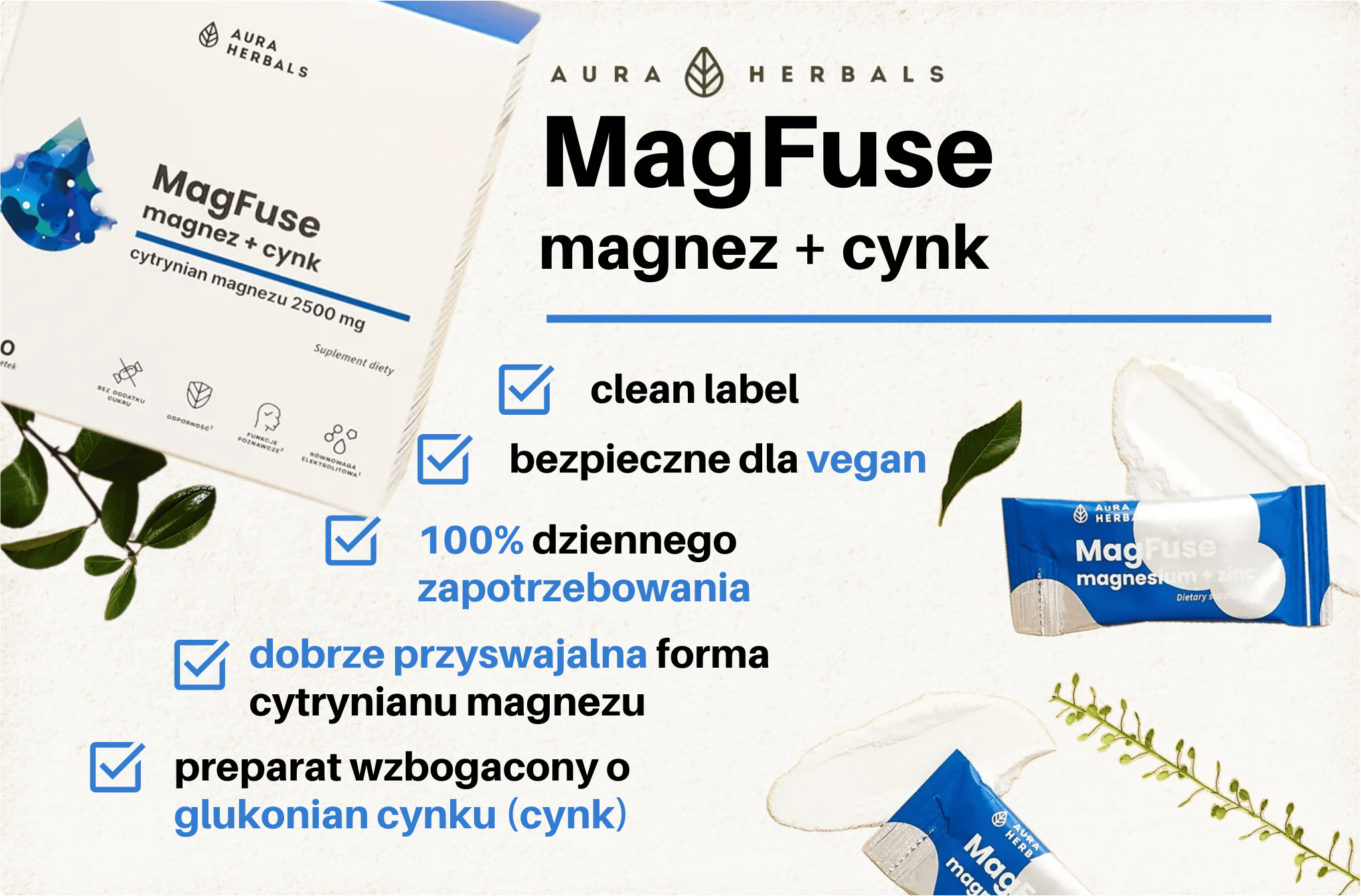 Cytrynian Magnezu 2500 mg MagFuse Magnez + Cynk (30 sasz) Aura Herbals