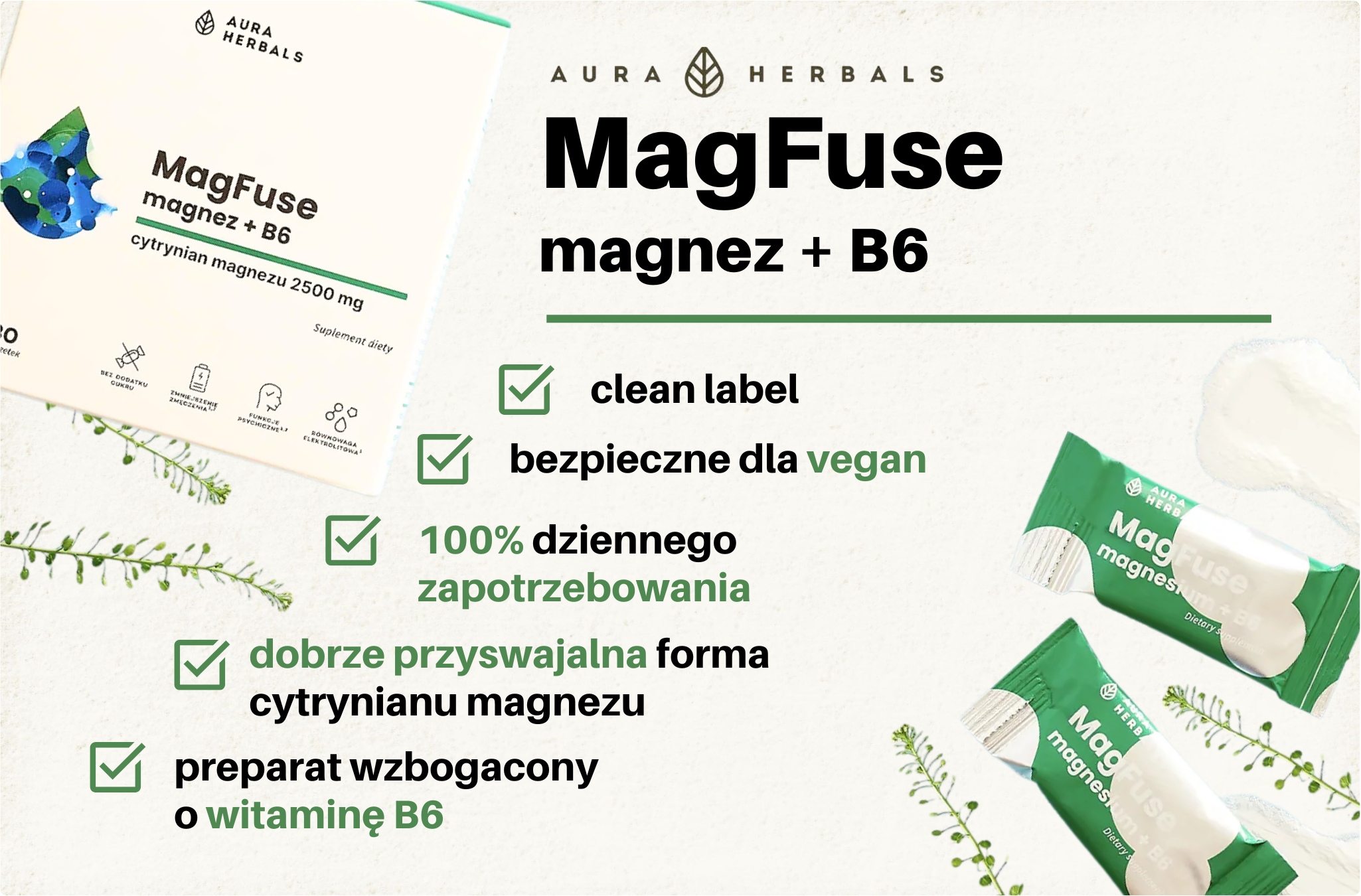 Cytrynian Magnezu 2500 mg MagFuse Magnez + Witamina B6 (30 sasz) Aura Herbals