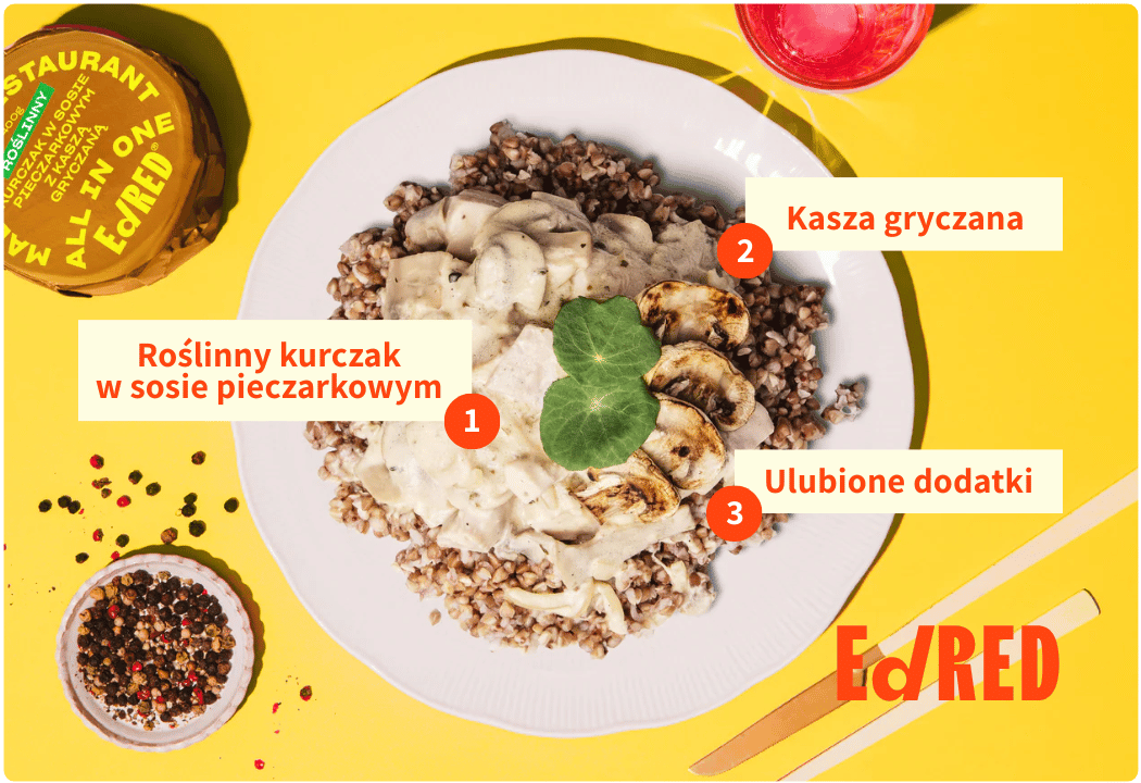 Roślinny Kurczak w Sosie Pieczarkowym z Kaszą Gryczaną - Wege Danie Gotowe Puszka 400 g Ed Red