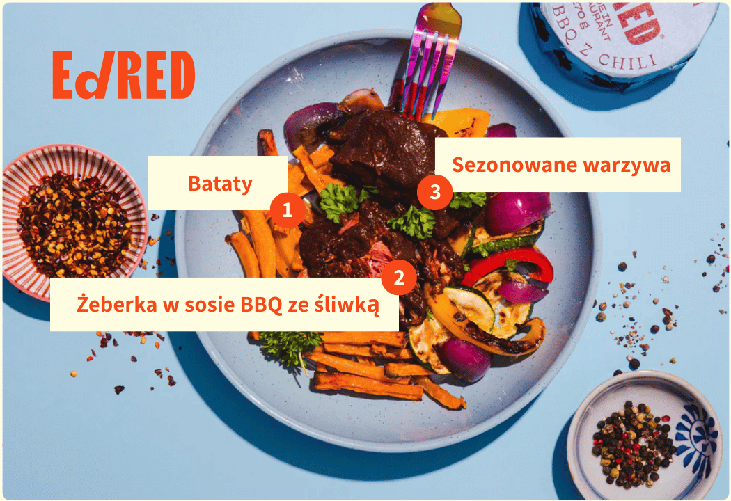 Danie Gotowe Żeberka w Sosie BBQ ze Śliwką Wieprzowina Puszka 270 g Ed Red