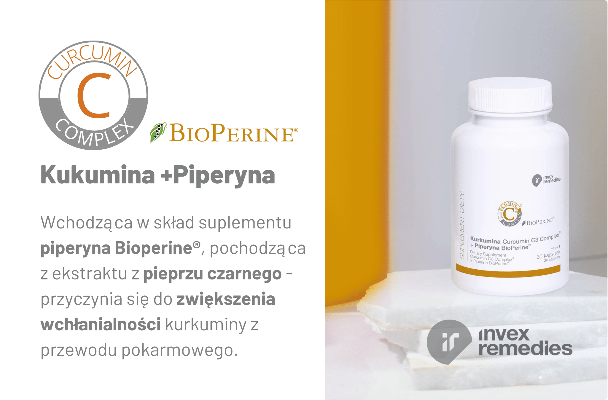 Kurkumina + Piperyna BioPiperine Curcumin C3 Complex (30 kaps) Invex Remedies