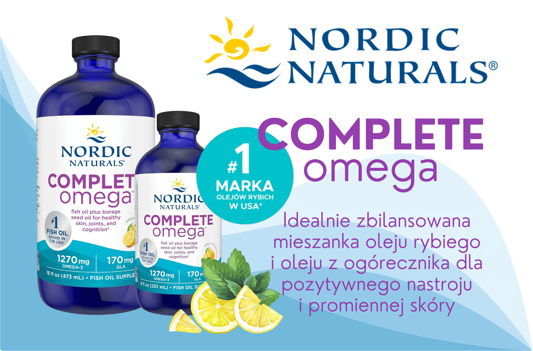 Kwasy Omega 3-6-9 GLA Complete Omega 1270 mg DHA EPA Smak Cytrynowy 237 ml Nordic Naturals