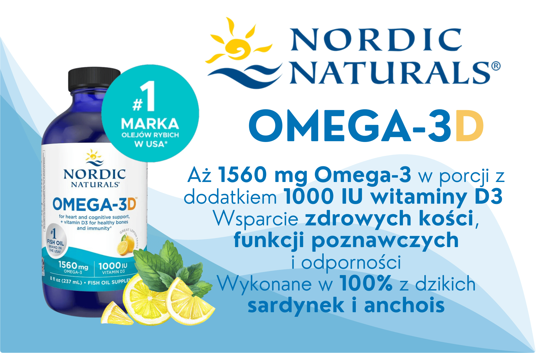 Kwasy Omega 3 Witamina D3 1000 IU DHA EPA Omega-3D 1560 mg Smak Cytrynowy 237 ml Nordic Naturals