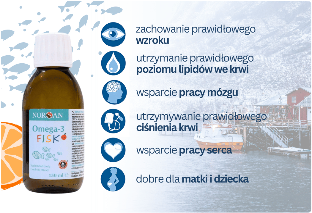 Omega-3 FISK 1030 mg EPA DHA Oliwa z Oliwek Smak Pomarańczowy 150 ml NORSAN