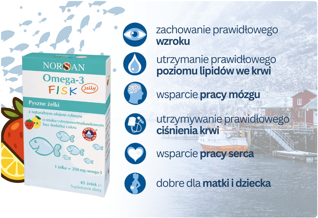 Omega-3 FISK Jelly Żelki do Żucia EPA DHA Olej Rybny Smak Cytryna Truskawka (45 sztuk) NORSAN