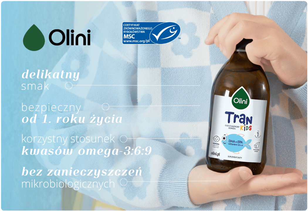 Tran KIDS Olej z Wątroby Dorsza Omega 3 DHA EPA Witamina D3 A Olini