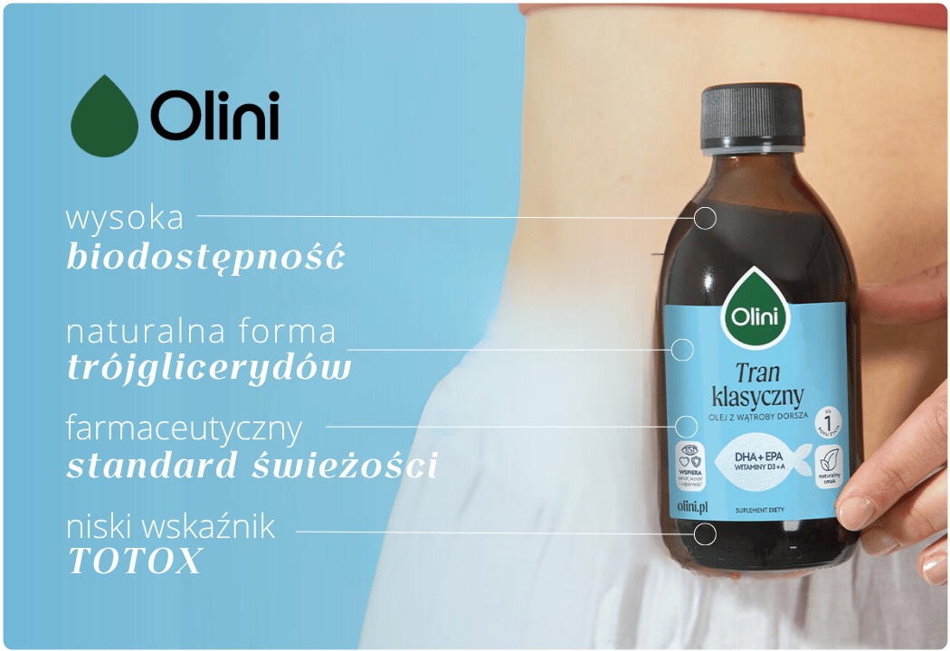 Tran Olej z Wątroby Dorsza Omega 3 DHA EPA Witamina D3 A 250 ml Olini