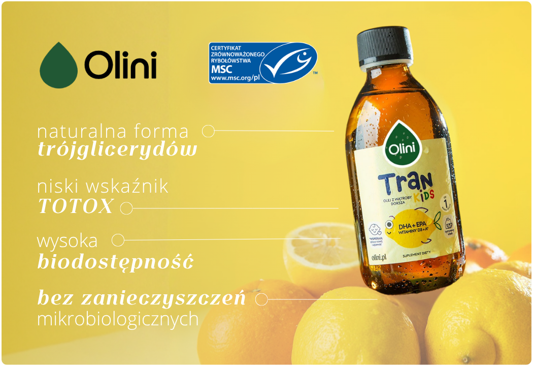 Tran o Smaku Cytrynowym - Olej z Wątroby Dorsza Omega 3 DHA EPA Witamina D3 A Olini