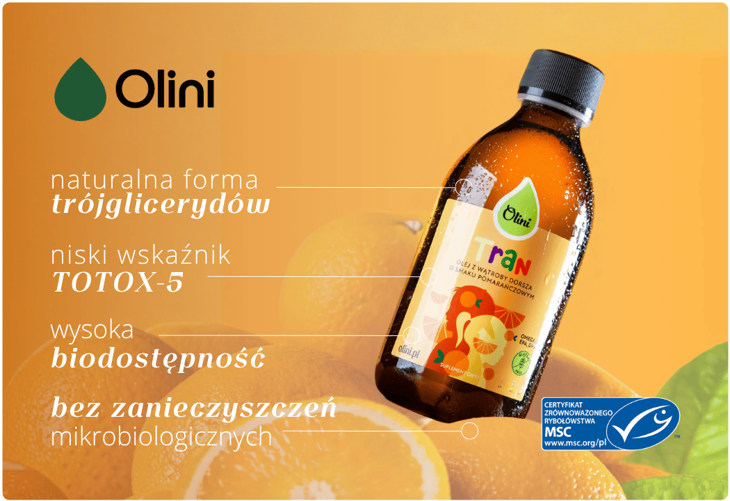 Tran o Smaku Pomarańczowym - Olej z Wątroby Dorsza Omega 3 DHA EPA Witamina D3 A Olini
