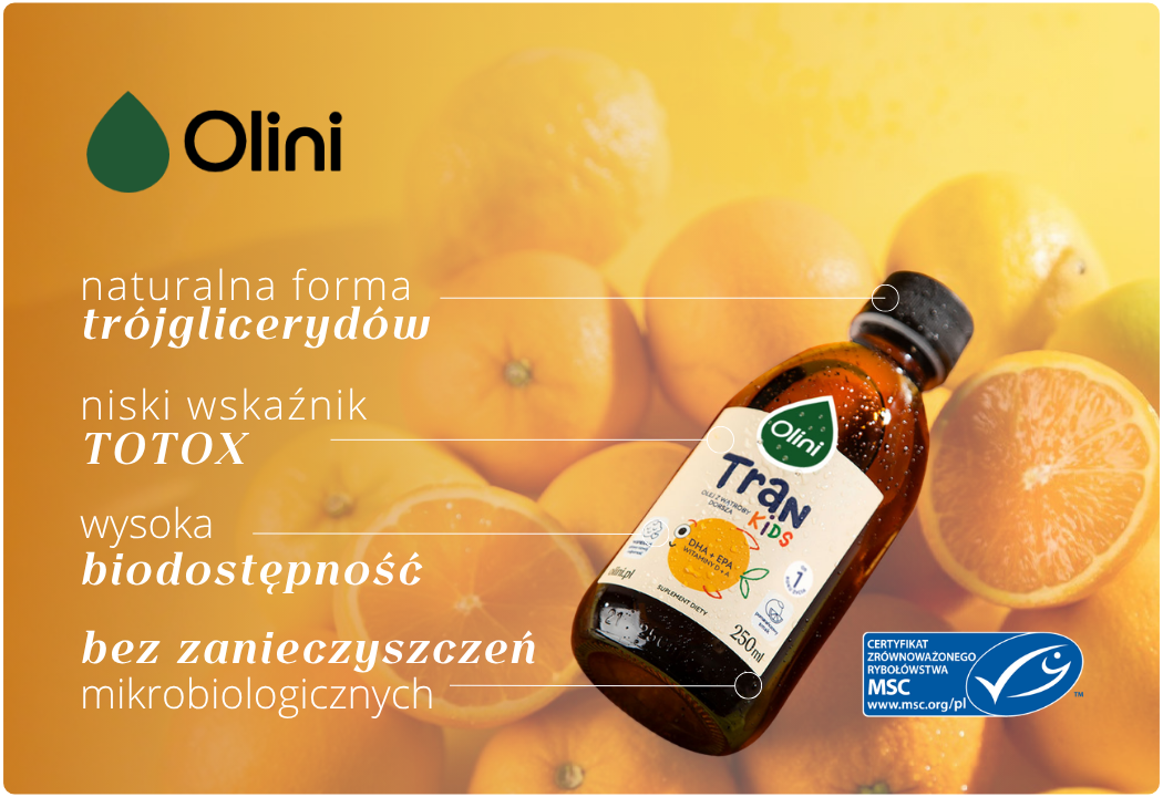 Tran o Smaku Pomarańczowym - Olej z Wątroby Dorsza Omega 3 DHA EPA Witamina D3 A Olini