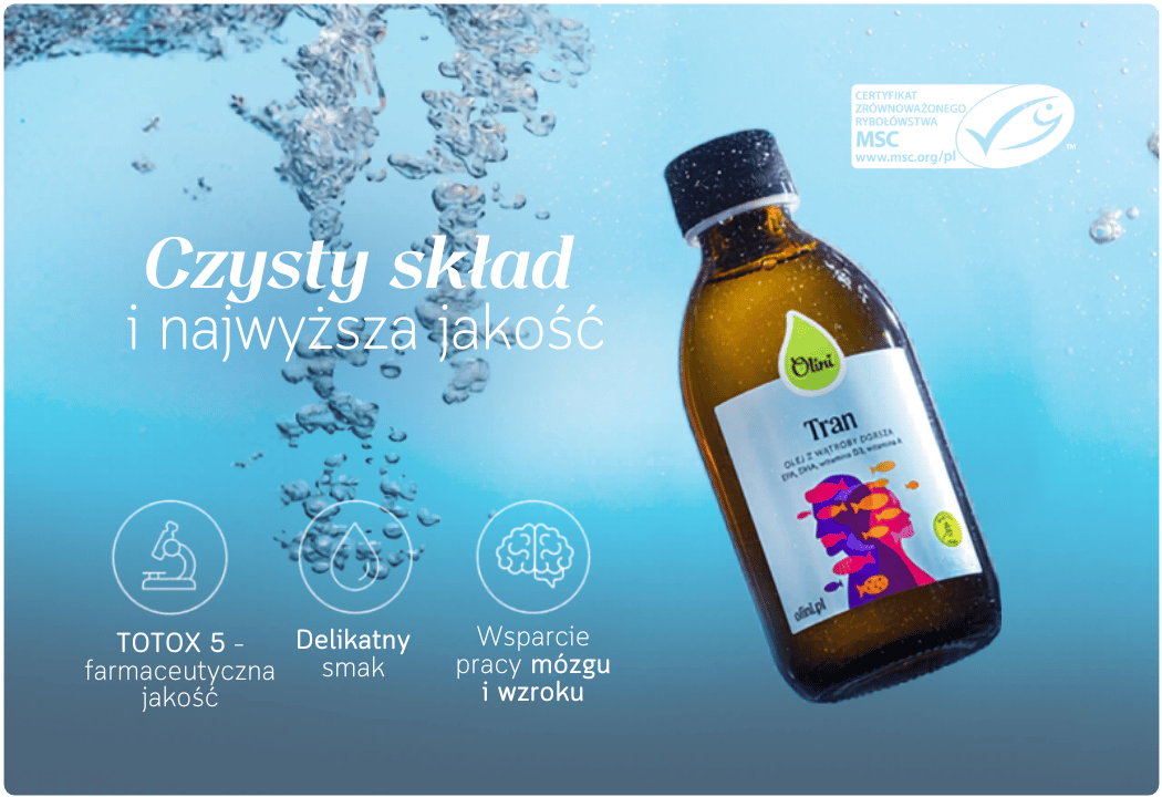 Tran Olej z Wątroby Dorsza Omega 3 DHA EPA Witamina D3 A 250 ml Olini