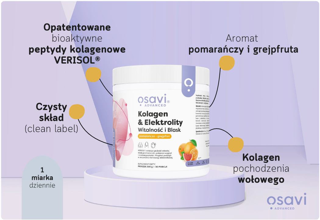 Kolagen i Elektrolity Witalność i Blask Pomarańcza-Grejpfrut Proszek 300 g Osavi