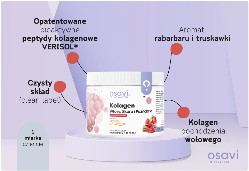 Kolagen Wołowy Włosy Skóra Paznokcie Rabarbar-Truskawka Proszek 150 g Osavi