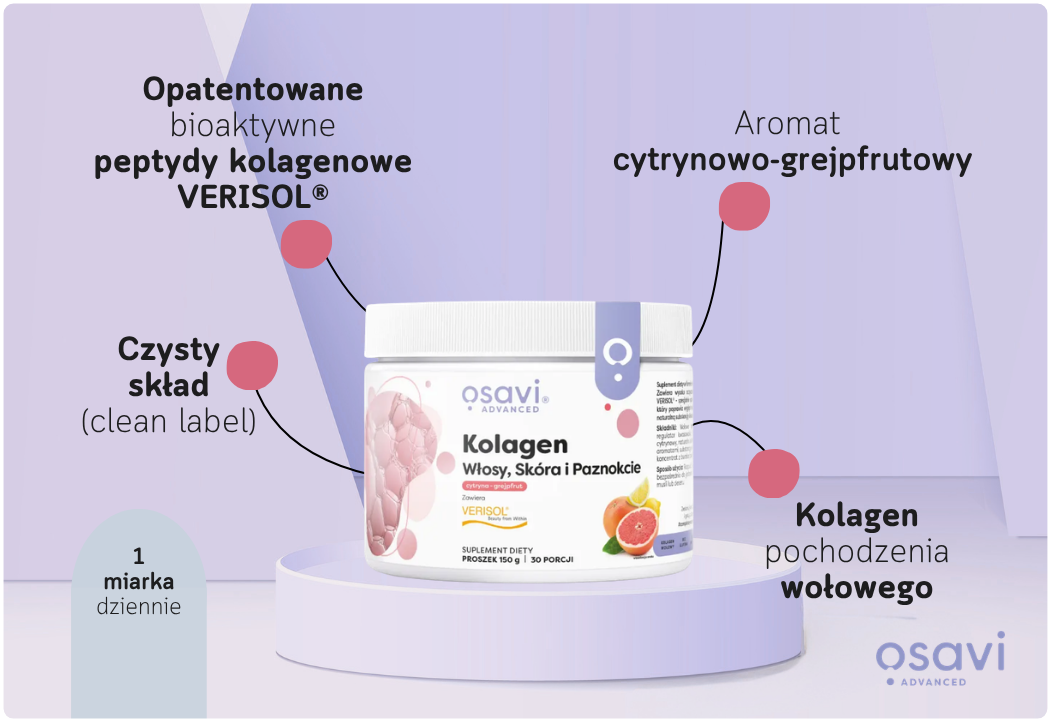 Kolagen Wołowy Włosy Skóra Paznokcie Cytryna-Grejpfrut Proszek 150 g Osavi