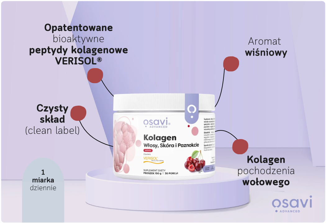 Kolagen Wołowy Włosy Skóra Paznokcie Wiśnia Proszek 150 g Osavi