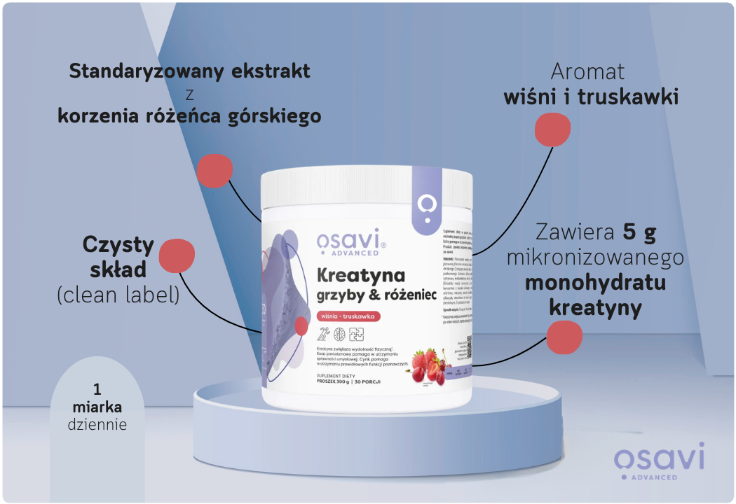 Kreatyna Grzyby i Różeniec Smak Wiśnia-Truskawka Proszek 300 g Osavi