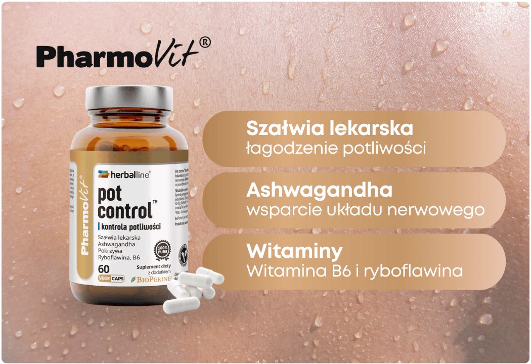 Pot Control - Szałwia Ashwagandha Pokrzywa Witamina B6 Kontrola Potliwości (60 kaps) Herballine Pharmovit
