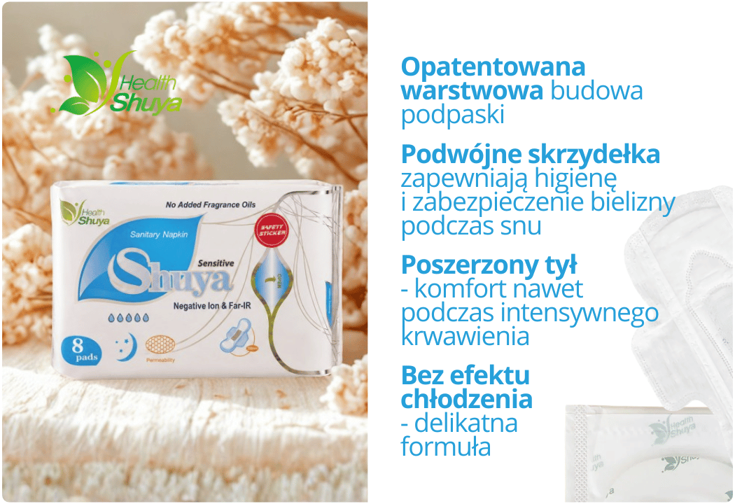 Podpaski Higieniczne Nocne - Cienkie Bez Efektu Chłodzenia - Poszerzany Tył Dyskretne 8 szt. Shuya