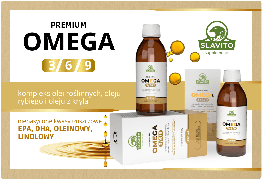 Premium Omega 3 6 9 Kompleks Oleje DHA EPA Kwas Oleinowy Płyn 220 ml Slavito